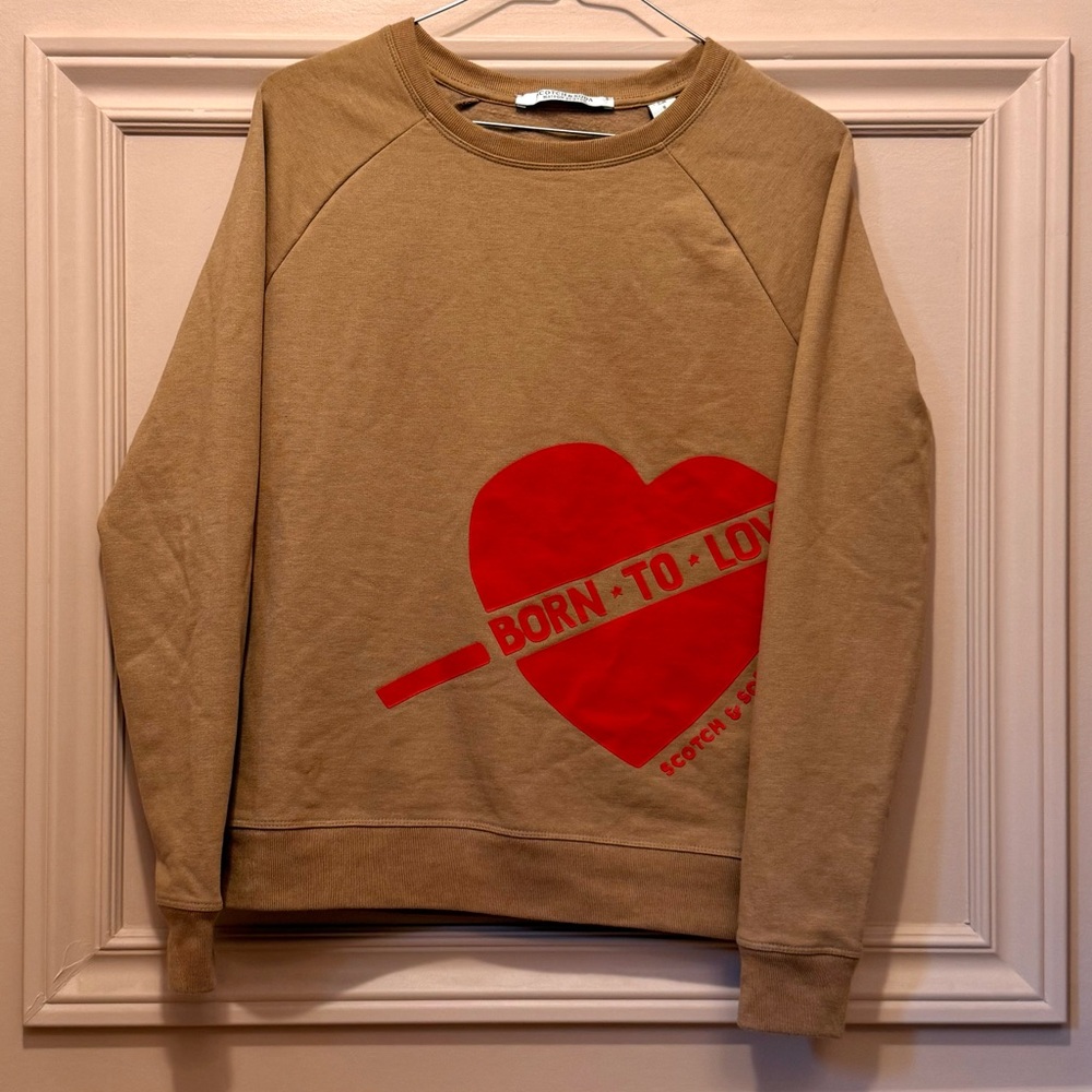 Scotch & Soda Born to Love Tan Sweatshirt with Red Heart Design